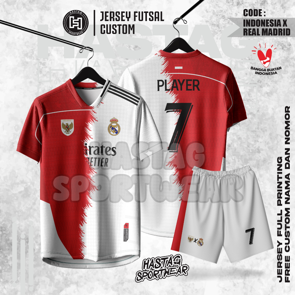 (BISA COD) BAJU JERSEY INDONESIA X MADRID MERAH PUTIH TERBARU 2025 , FREE NAMESET, FULL PRINTING