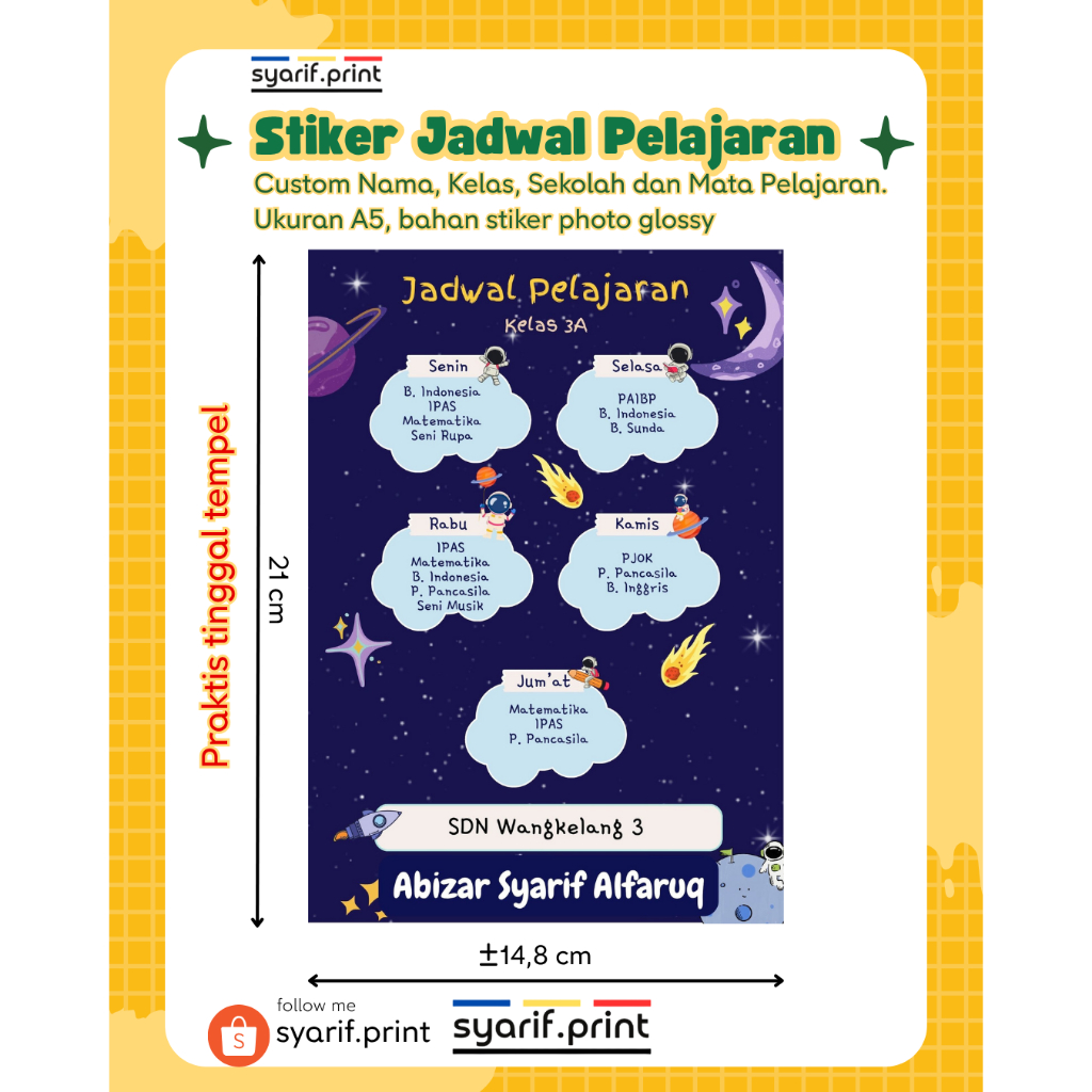 

Stiker Jadwal Pelajaran Praktis Tinggal Tempel Ukuran A5 custom nama
