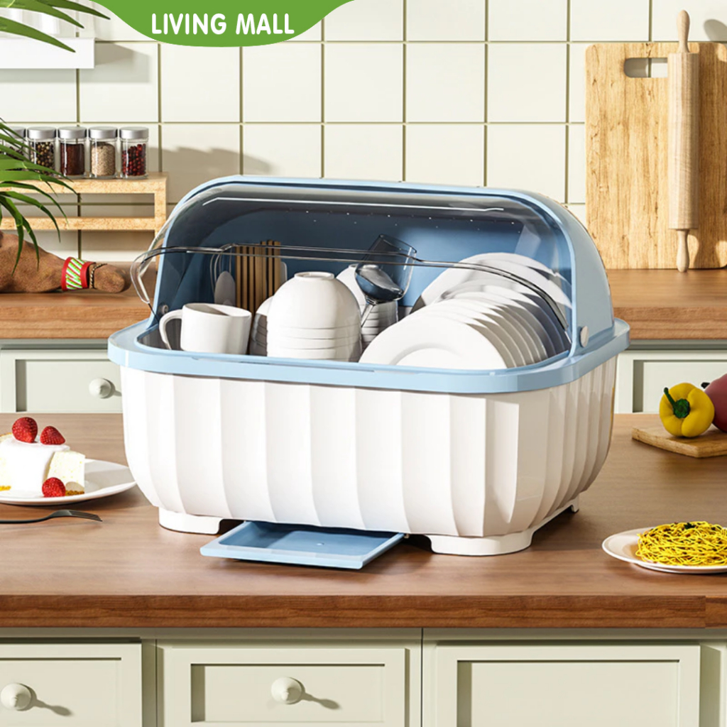 NEW LIVING MALL Rak Piring Tertutup Plastik Tempat Piring Sendok Minimalis Pengering Mini Tutup