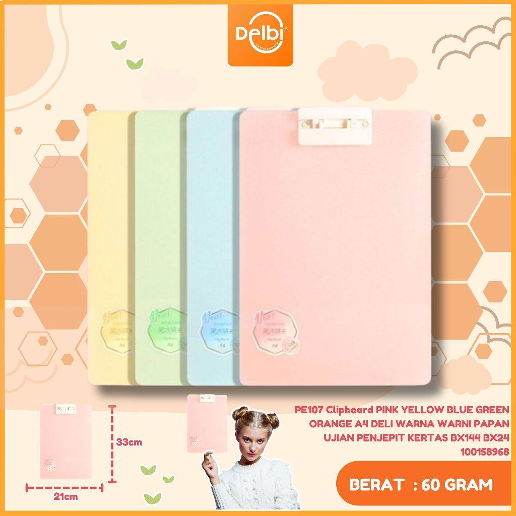 

Deli Papan Jalan PE107 CLIPBOARD PINK , YELLOW.BLUE GREEN ,ORANGE A4