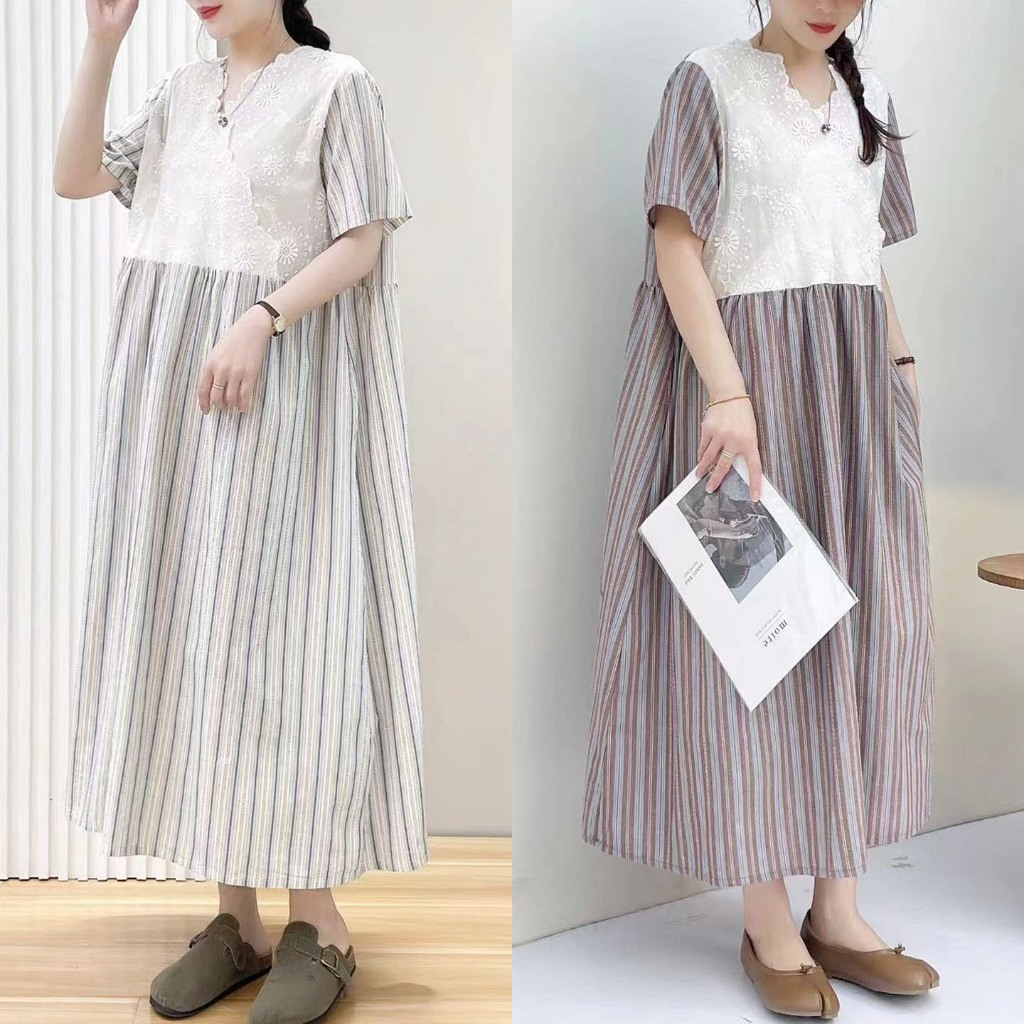 DRESS LINEN ABU COKLAT GARIS SALUR HIGHWAIST & KATUN BORDIR PUTIH V NECK KOREA IMPORT