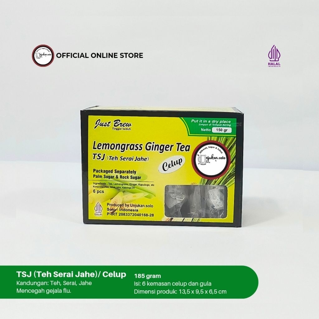 

Teh Serai Jahe (TSJ) Box Celup Unjukan Solo/ Teh Aroma Terapi/ Teh Serei Jahe Celup/ Serai, Jahe, dan Rempah lain/ Pereda gejala flue/ Penghangat badan