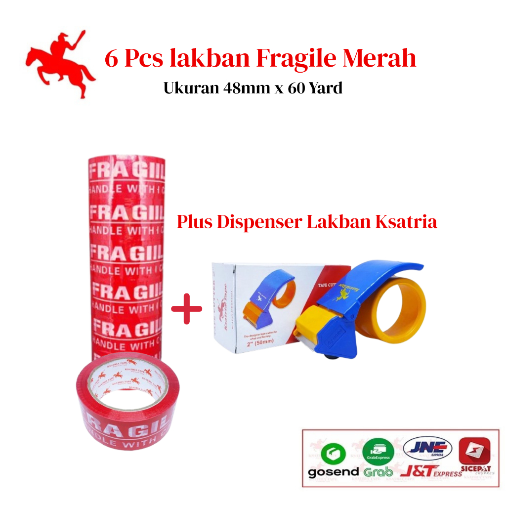 

PAKET LAKBAN HEMAT - 6 pcs / 1 SLOP Lakban Fragile Merah 48mm x 60 Yard Dan Tape Cutter