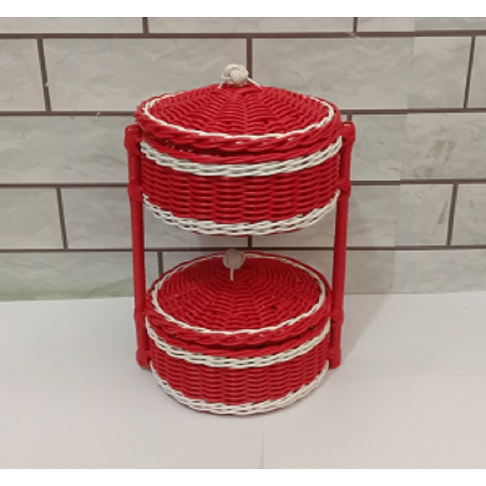 keranjang susun dengan tutup rattan anyaman Keranjang plastik Tempat bumbu /permen / bawang / telor 