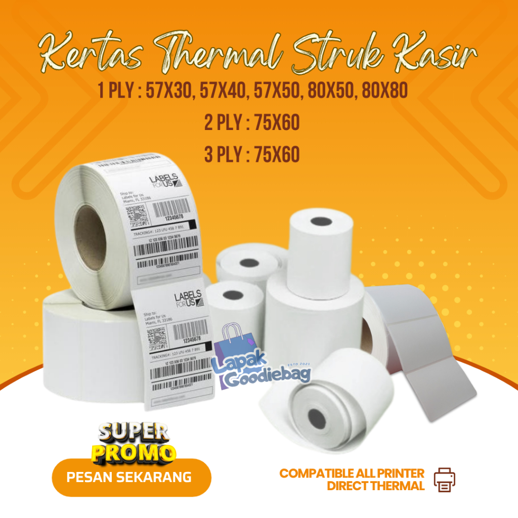 

Kertas Thermal Struk Kasir Nota Belanja 1 PLY 57X30 57X50 80X50 80X80 LABEL HVS Cetak Bon Toko Parkir Antrian