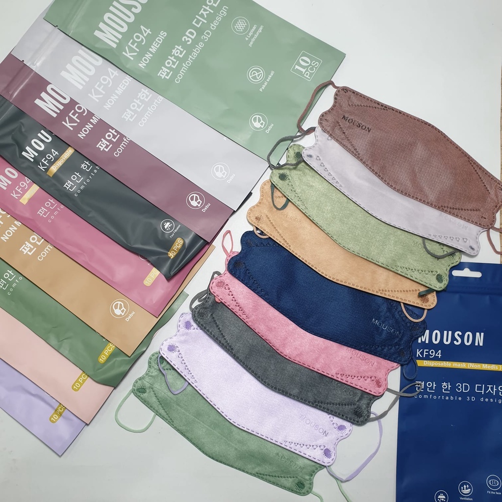 (SERBU) MASKER KF94 MOUSON KF94 WARNA PASTEL DAN TALI SENADA  MASK 3D 4PLY DESIGN ISI 10PCS/PACK