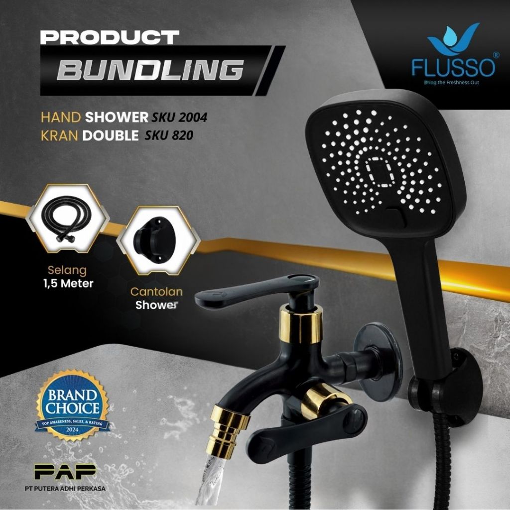 FLUSSO Paket Hemat Shower Set Komplit + Keran Double Black Gold Flusso Original GARANSI series 820