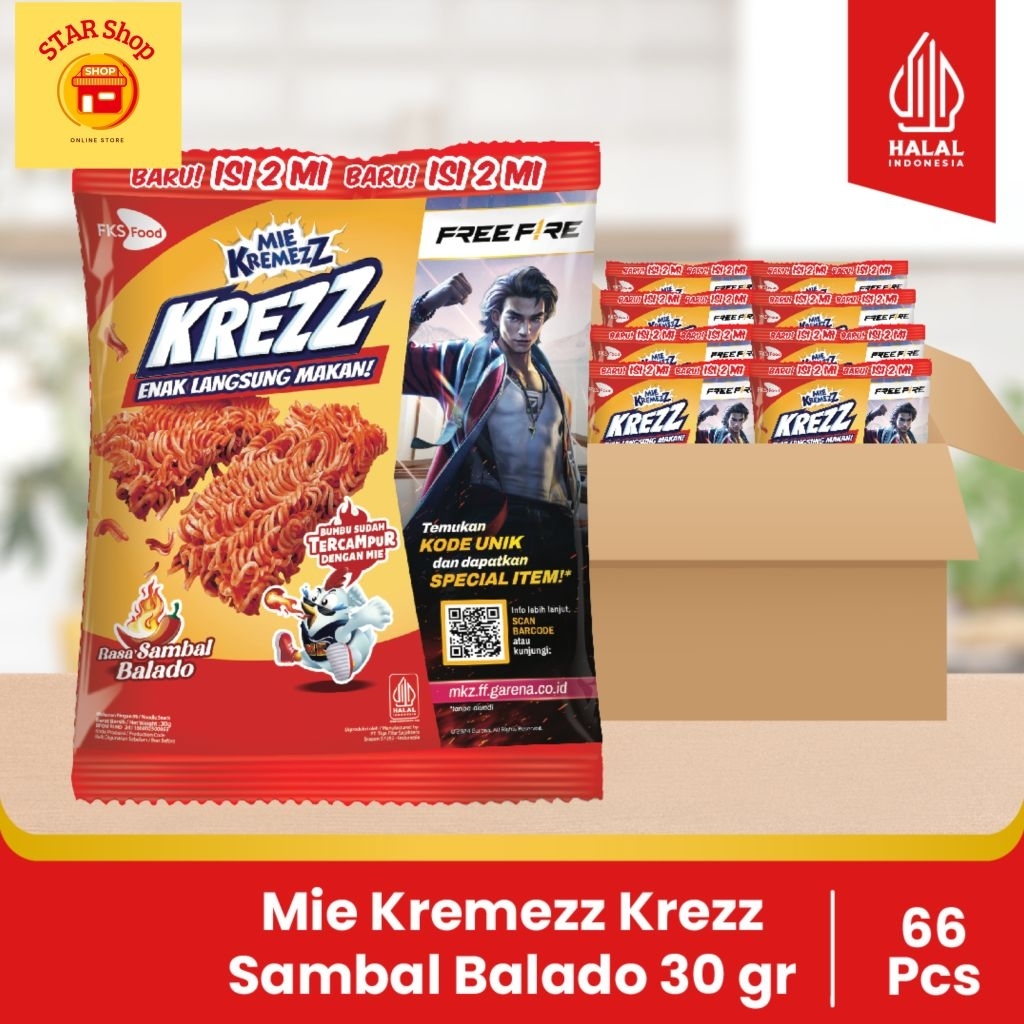 

Mie Kremezz Krezz - Sambal Balado- 1 karton (6 renceng) - 11pcs - 30gr