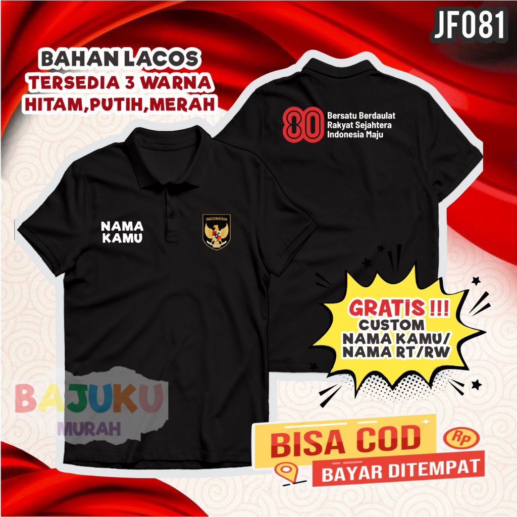 JF081 Kaos Kerah Polo T-shirt Panitia Hut RI ke 80 logo resmi official gratis custom nama rt rw dll