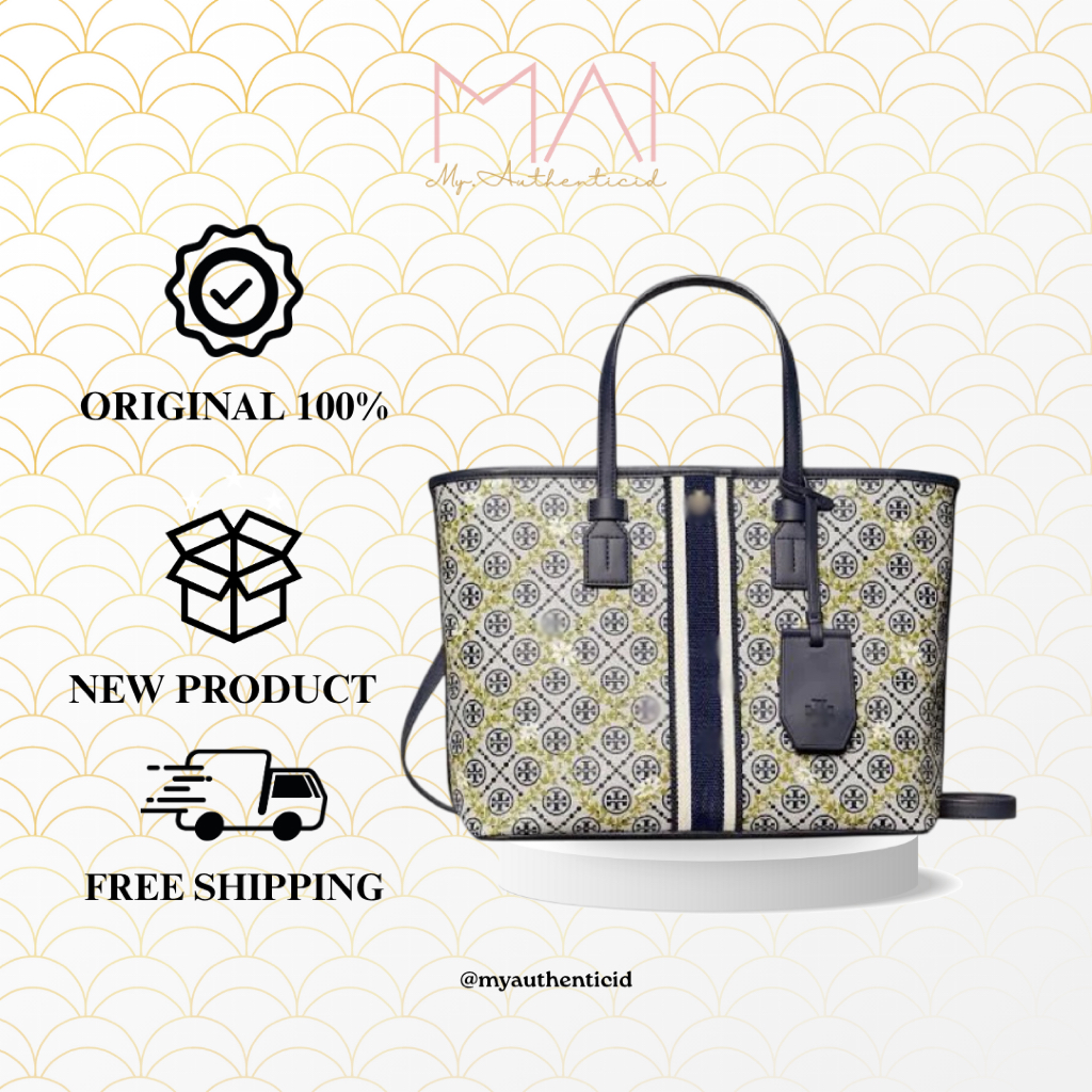 Tebe T Monogram Floral Vine Top Zip-Tote Bag - Navy