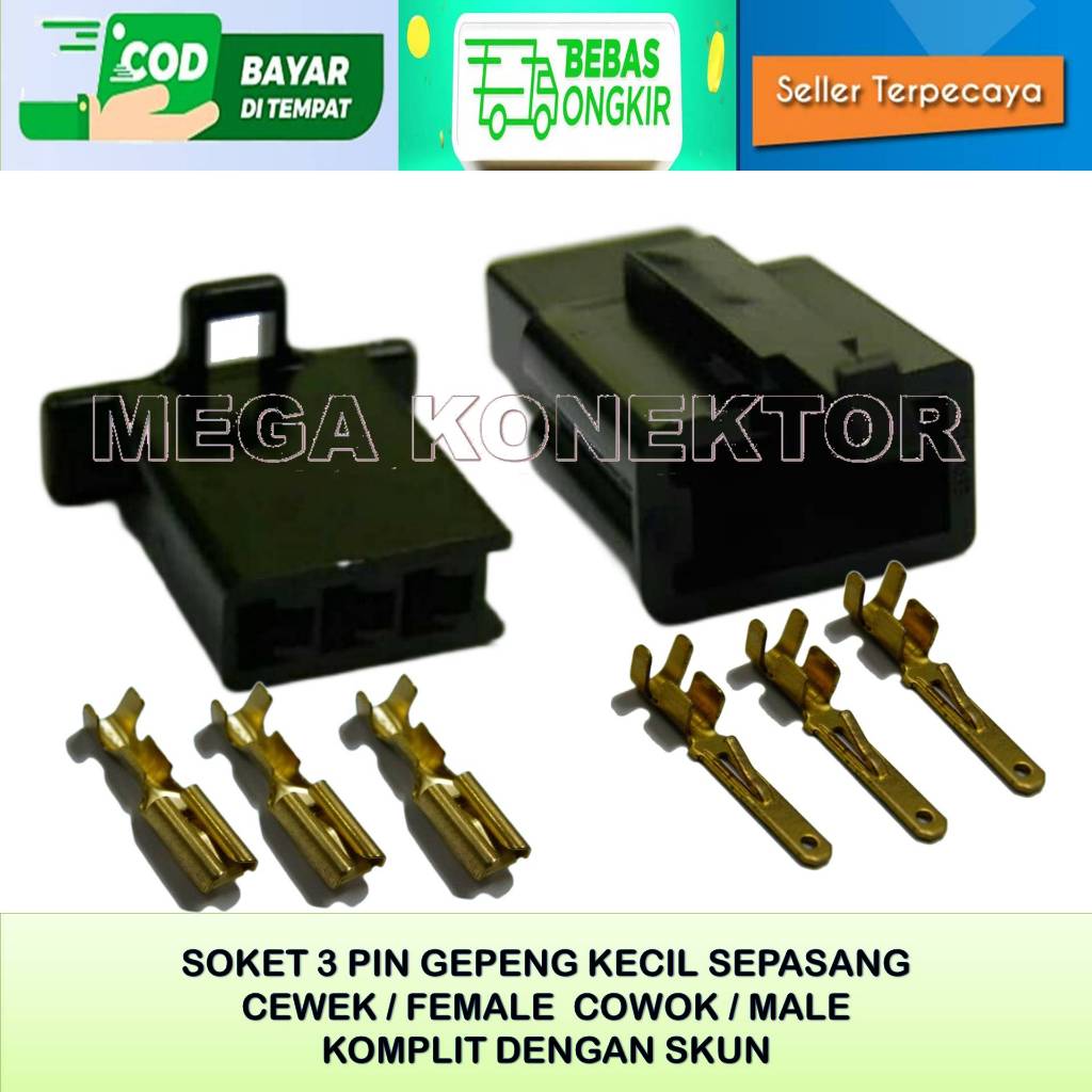 SOKET KABEL MOTOR 3 PIN KECIL HITAM MALE FEMALE-SOKET –SOKET KABEL–3 PIN- SOKET KABEL 3 PIN NYLON