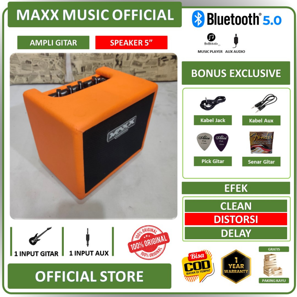 Ampli gitar & bass 5 inc original bluetooth 2 input bonus kabel jack,aux,pick,senar termurah oranye