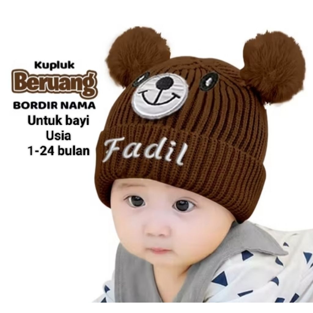 Topi Bordir Nama Kupluk Bayi Pompom Bear