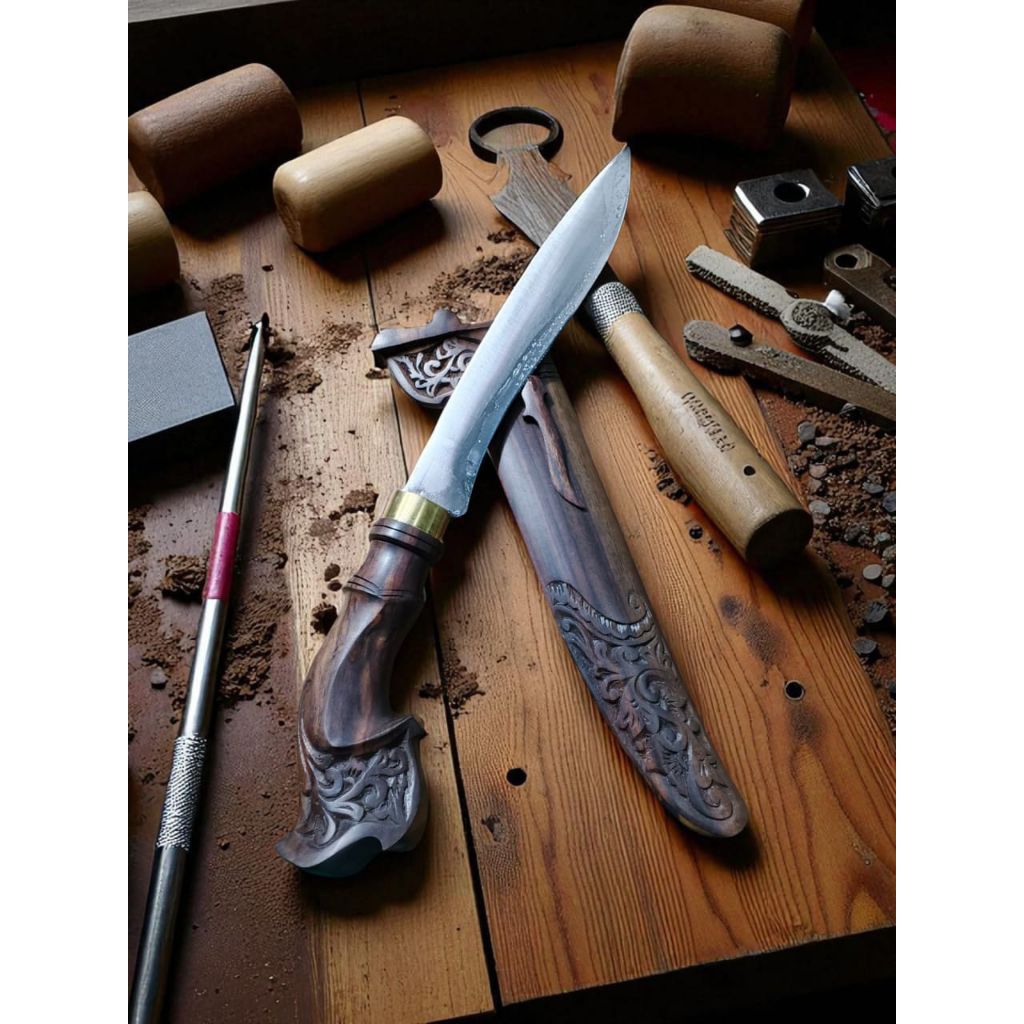 Pisau badik kawali gecong seniu ukir kayu sonokeling -material baja