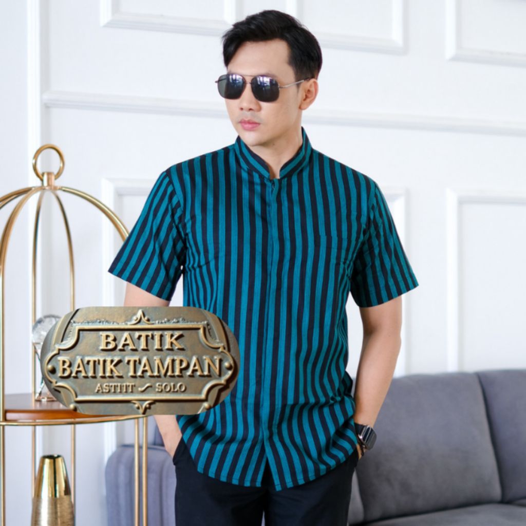 KEMEJA BATIK PRIA LENGAN PENDEK PANJANG LURIK PEDAN ASLI HEM KOKO SLIMFIT BIRU TOSKA KERAH SANGHAI A