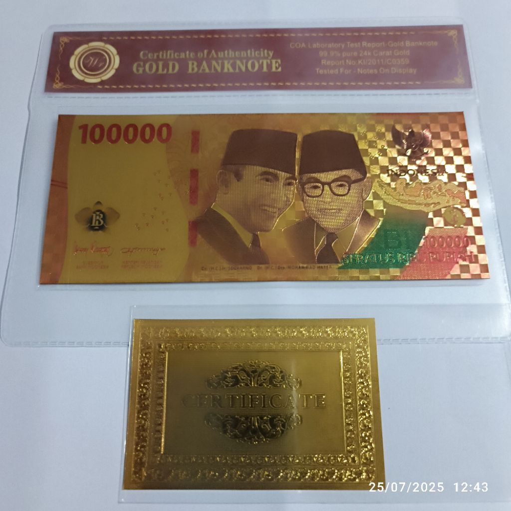 Souvenir Uang Kuno 100000 Gold Foil Soekarno Sertifikat dan Sampul