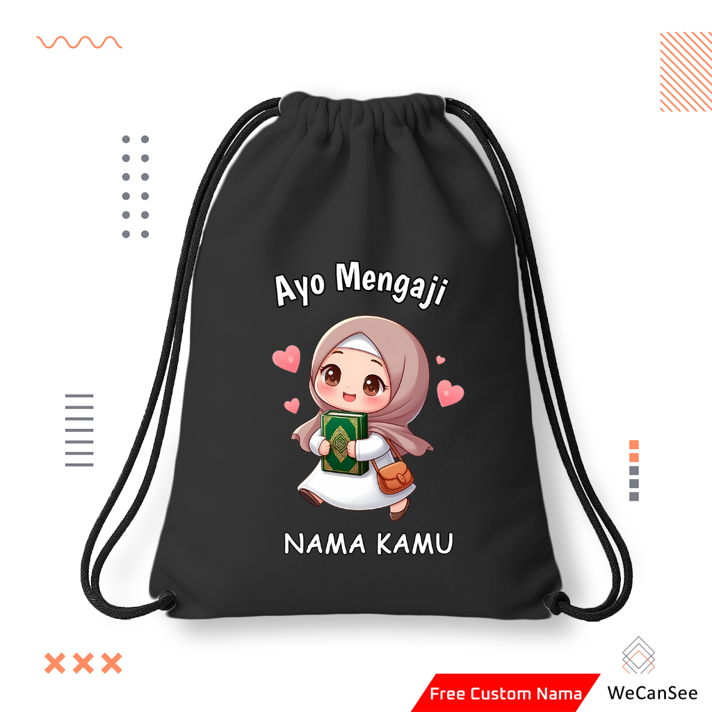 Tas Serut | Tas Serut Anak | Tas Serut Anak Ayo Mengaji Custom Nama | Tas Serut Custom Nama