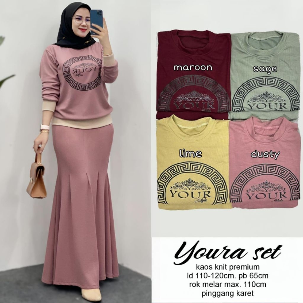 Youra Set Baju Muslim Wanita Rok & Blouse - Kaos Knit Premium Elegan