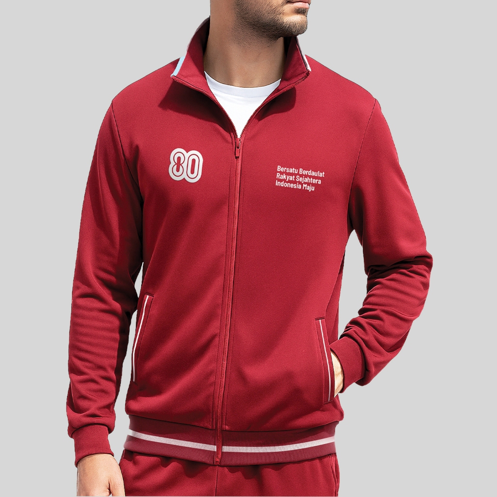 Jacket Zipper Baseball Varsity Perayaan Hut-RI 80 Kemerdekaan Indonesia Logo Resmi 2025 Merah Putih 