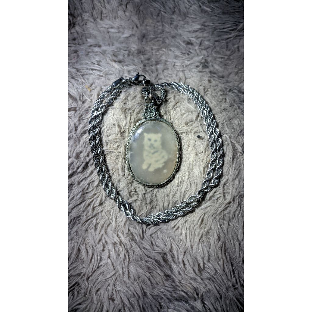 Liontin batu akik motif harimau putih + kalung stainless