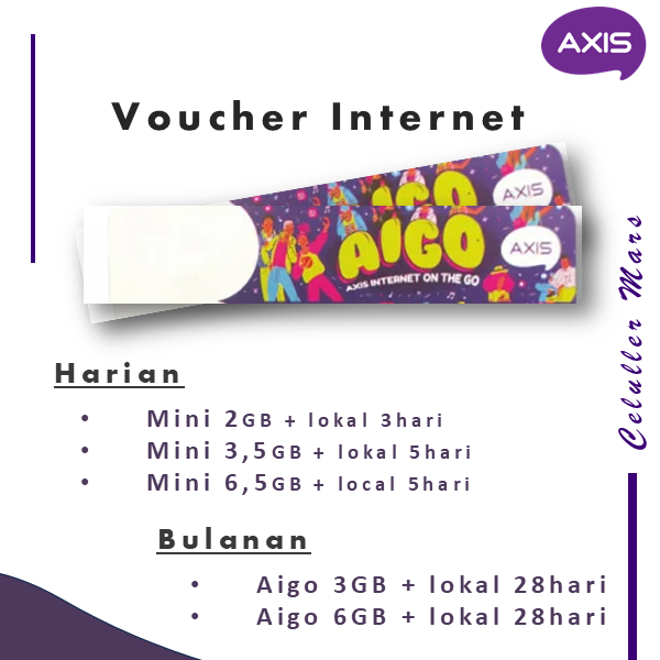 Voucher Axis Aigo 3 GB, AIGO1 GB, Aigo 6, Aigo 8 + Lokal 28hari