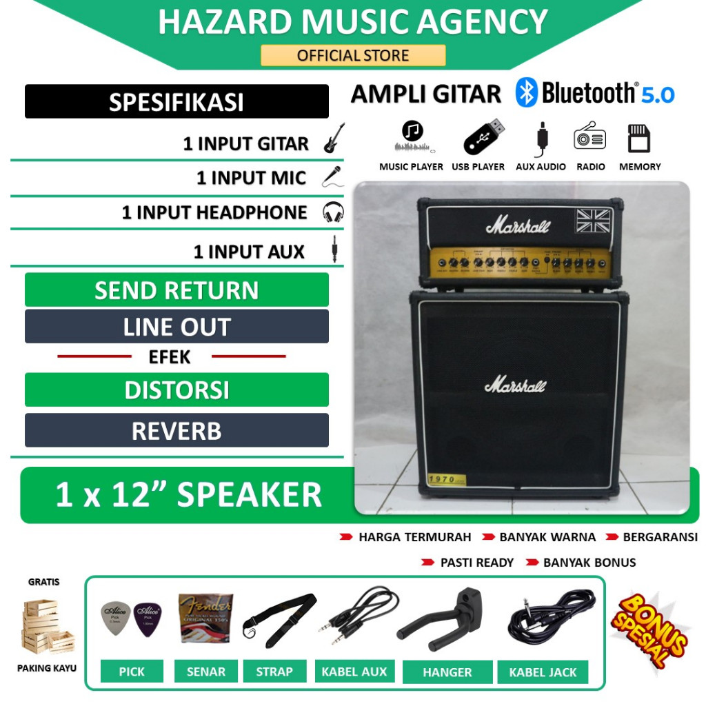 Ampli Gitar & Bass 12 Inch bluetooth Marshall Head Cabinet bisa untuk karaoke termurah bergaransi