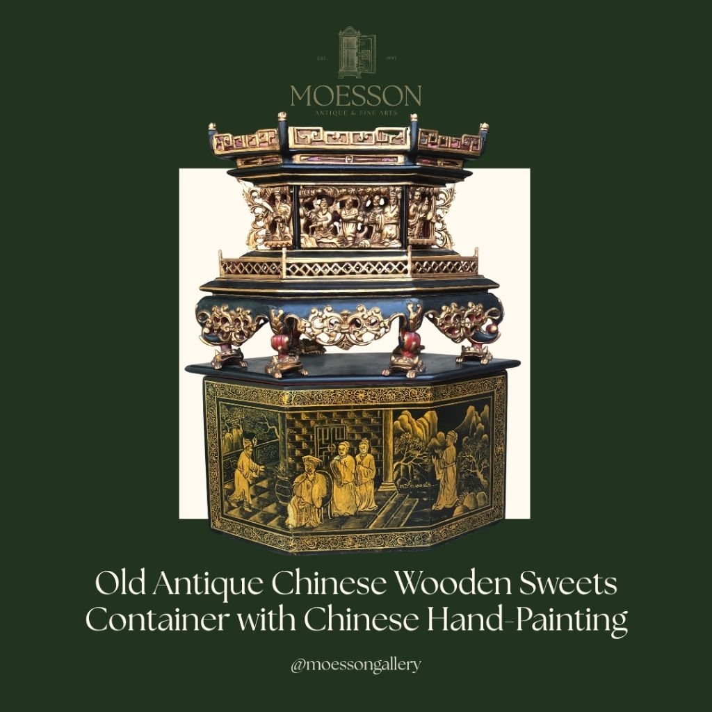 Tempat Manisan China Kayu Hitam dan Emas dengan Lukisan Tangan Antik Lawas Jadul