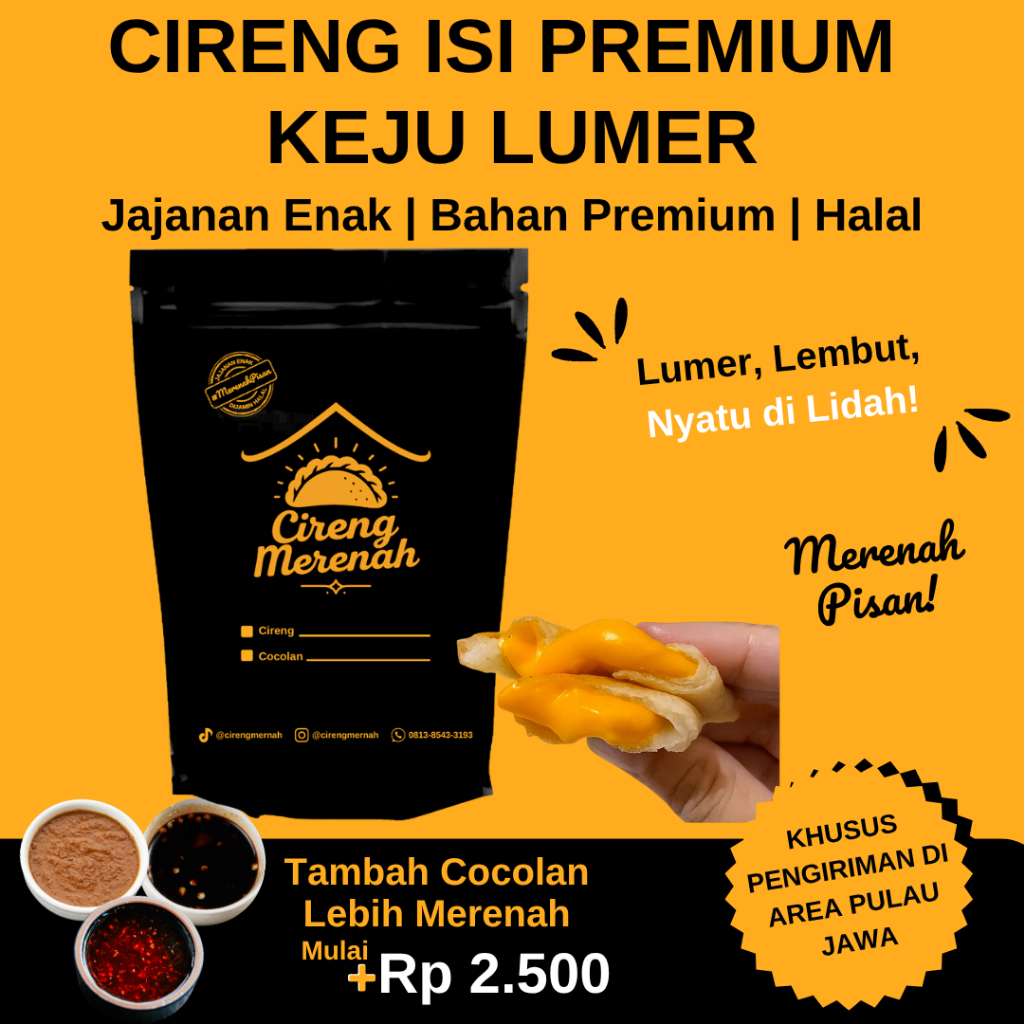 

CIRENG MERENAH CIRENG ISI KEJU LUMER EKSTRA COCOLAN CHILI OIL / BUMBU KACANG / BUMBU RUJAK