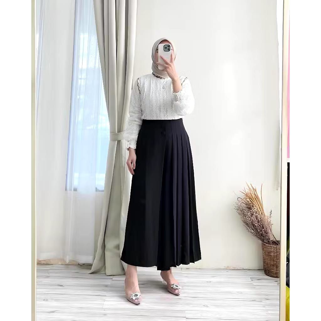 Husna Pleats Rok Kulot Wanita Premium, Celana Rok Kulot Panjang Wanita 2 Kancing Depan / Rok Kantor 