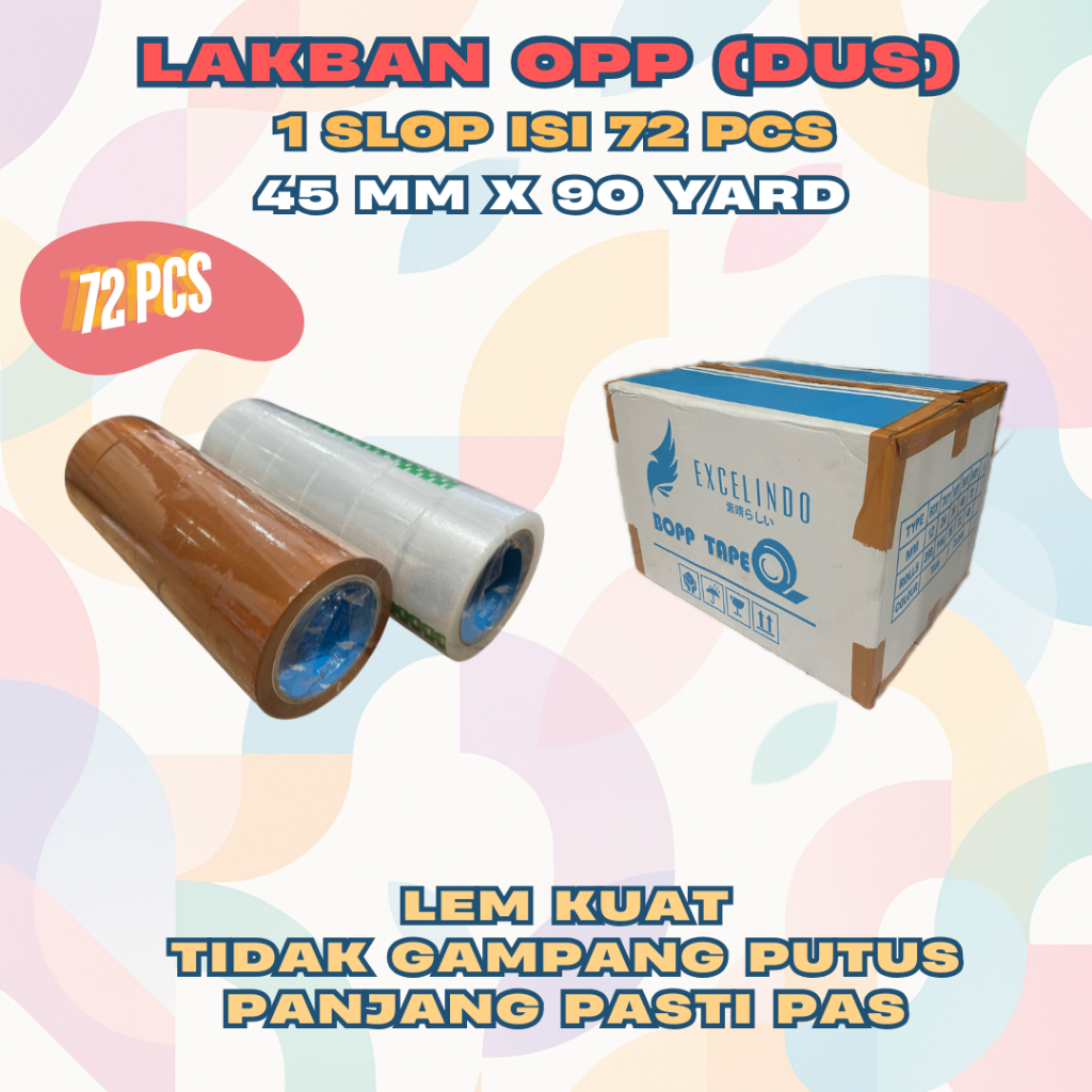 

Lakban Bening Dan Coklat 1 Dus 90 Yard Transparan Isi 72 Roll