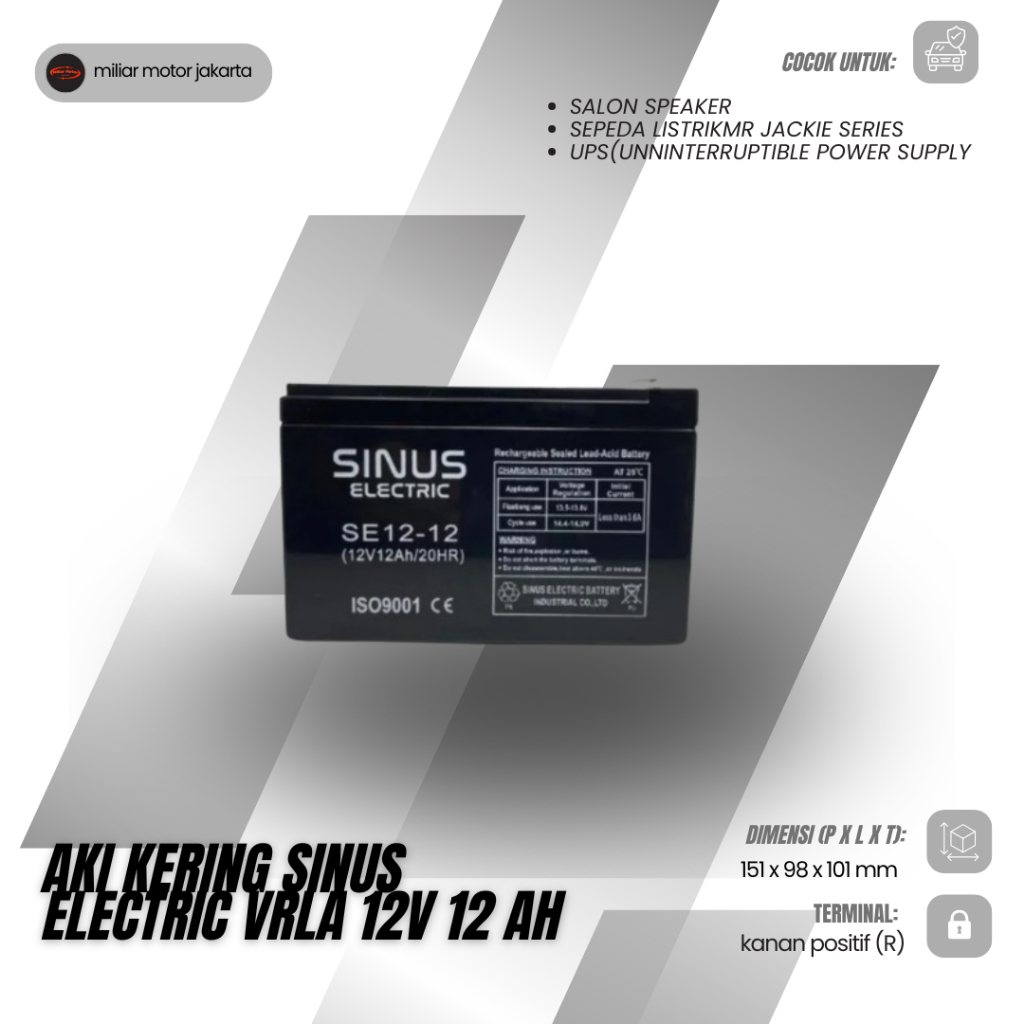 Aki Kering Sinus Electric VRLA 12V 12Ah Sepeda Listrik Mr Jackie Series