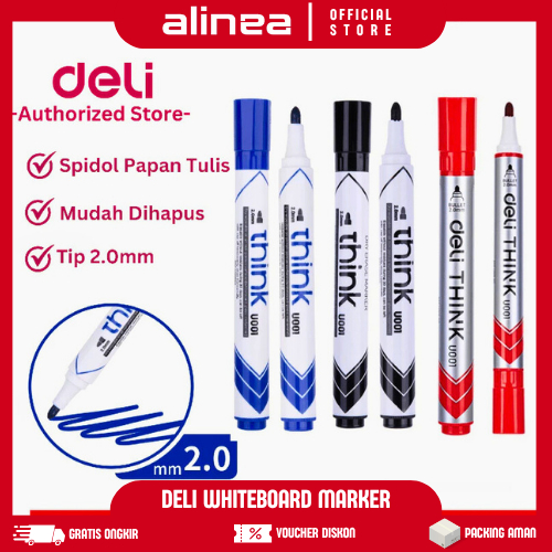 

[GROSIR 1/3/6/12 PCS] Deli Spidol Whiteboard Marker / Spidol Papan Tulis Tinta Hitam Biru Merah 3 Warna 2.0mm Mudah Dihapus EU001X0