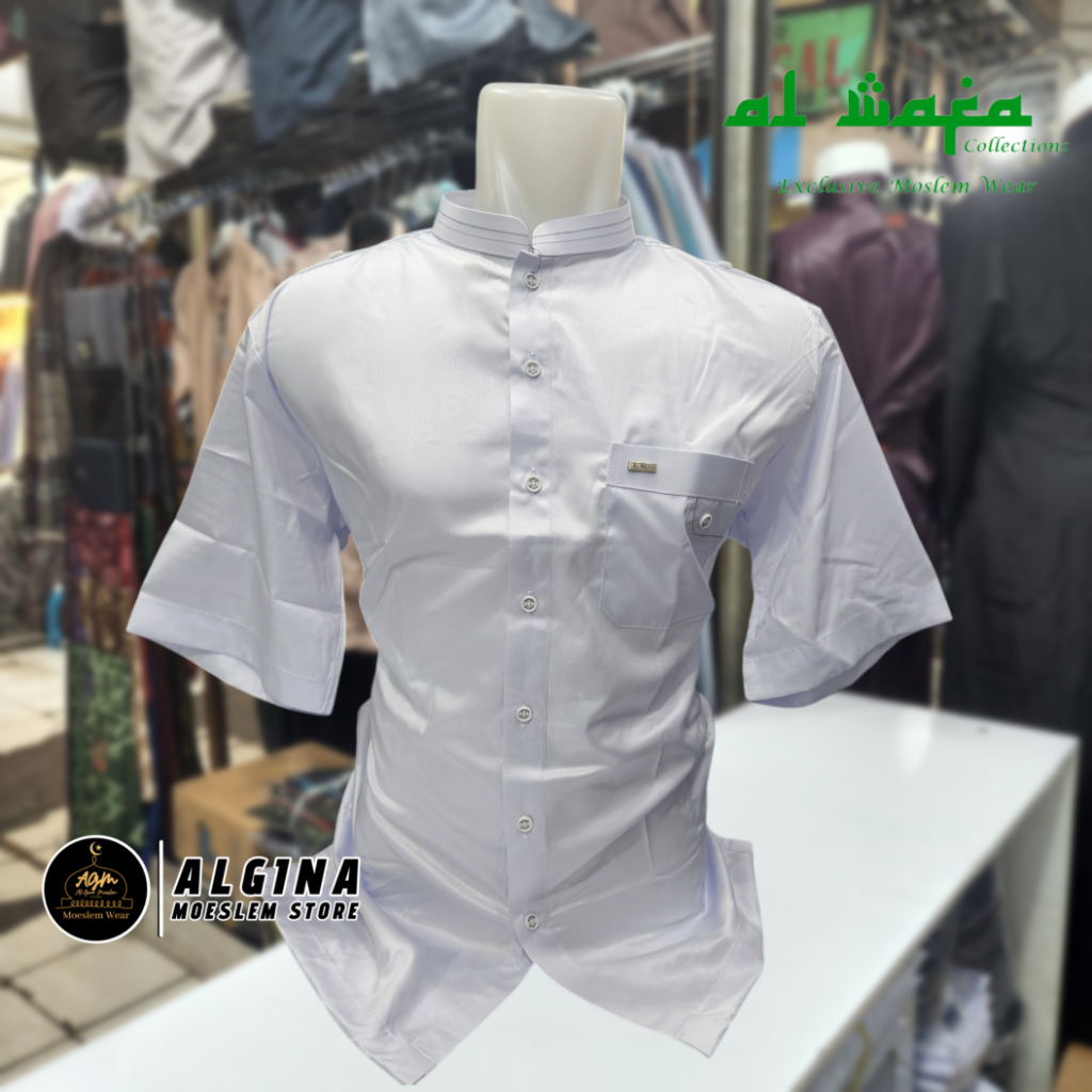 Koko Al Wafa Putih Lengan Pendek Bahan Satin Korea Embos Kancing Thailand| Baju Muslim Lengan Pendek