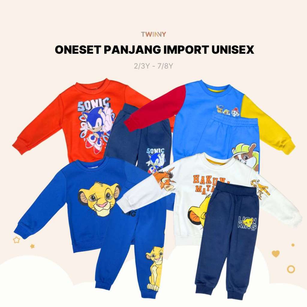 TWINNY KIDS - Pakaian Baju Set Oneset Panjang Paw Patrol Simba Sonic Mickey Import Anak Laki-Laki