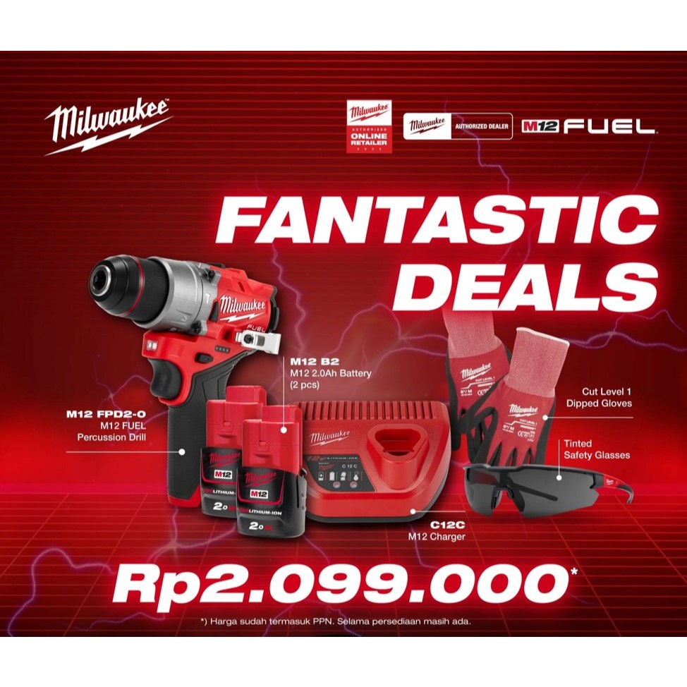 Milwaukee Mesin Bor Besi/Sekrup Baterai 6 in 1 Set 2 Baterai 2.0Ah Gratis Kacamata & Sarung Tangan M