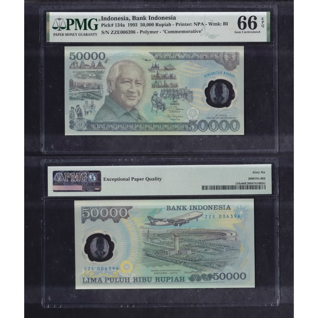 Uang kuno polymer PMG 66 EPQ - 50000 Rupiah tahun 1993 Suharto S/N ZZE006396
