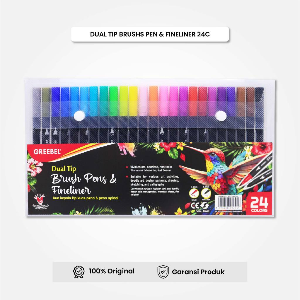 

GREEBEL Spidol Warna Set BRUSH PEN DUAL 24 Warna Brush Pen Double Tip Drawing Pen Permanent Marker