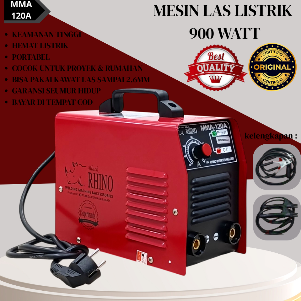 Mesin Las Listrik Kecil 900 Watt RHINO MERAH 120A Inverter IGBT 100% Original Bergaransi