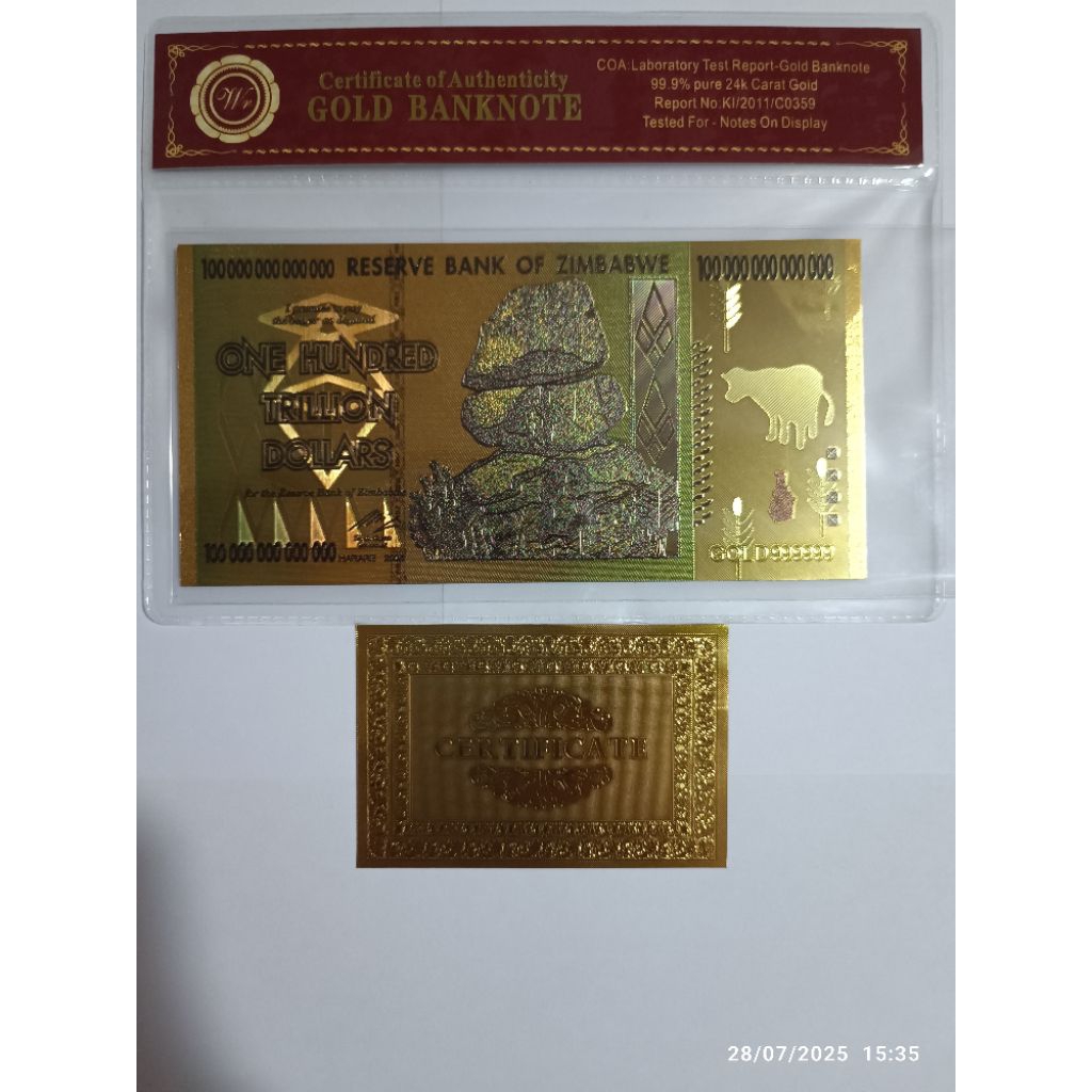 Replika Uang Gold Foil Zimbabwe Emas 100 Triliun Plus Sertifikat dan Sampul Cover