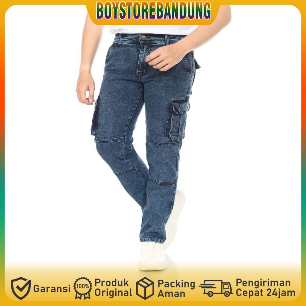 BOY - Celana Cargo Jeans Panjang Sanwash Blue / Cargo Jeans Pria Bahan Stretch/Melar Premium