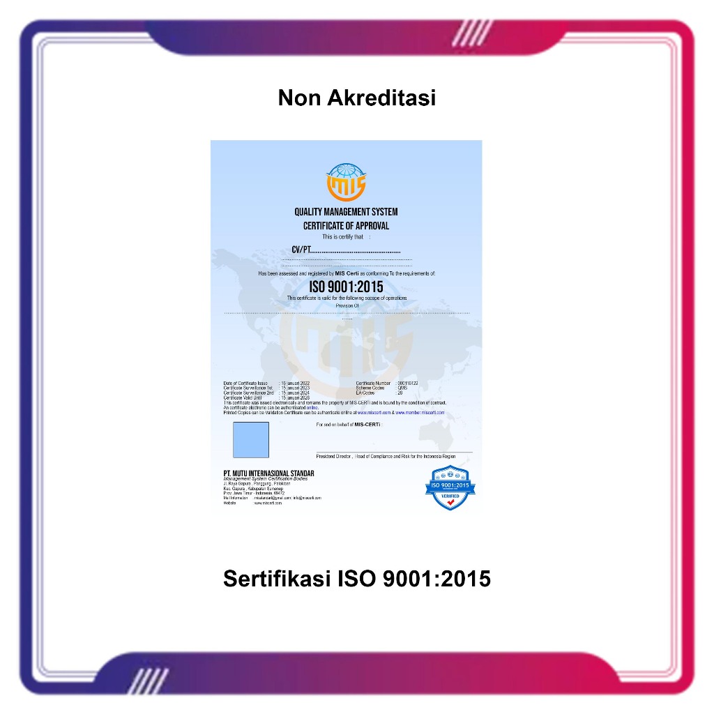 

Sertifikasi ISO 9001 Non Akreditasi