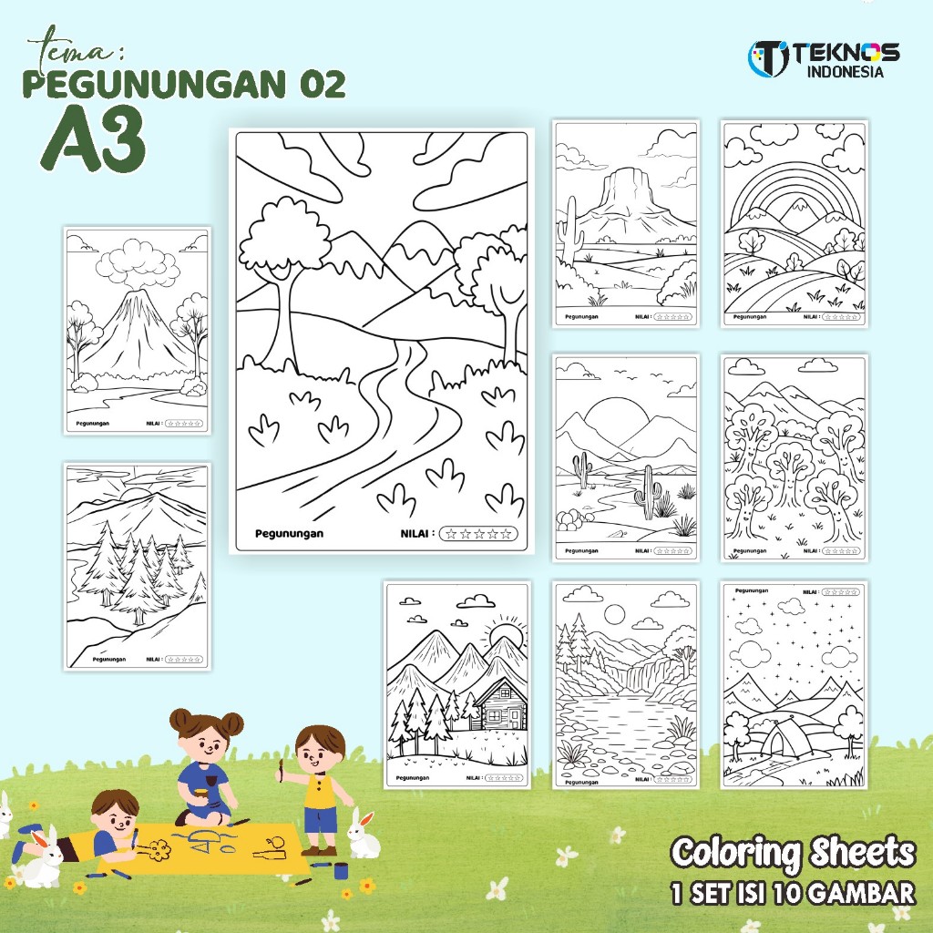 

KERTAS GAMBAR UNTUK ANAK - LEMBAR MEWARNAI TEMA PEGUNUNGAN - COLORING SHEETS UKURAN A3