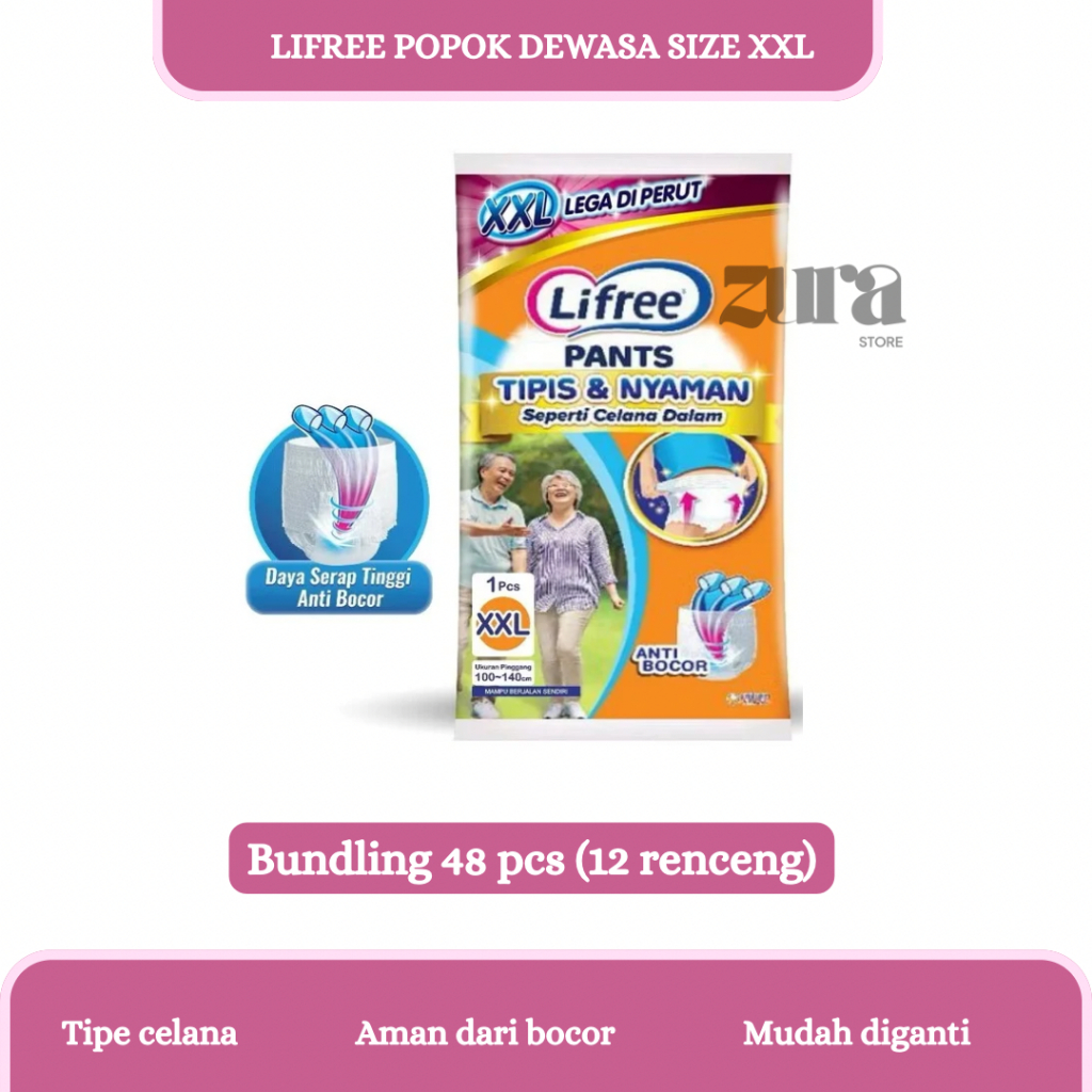 1 DUS KARTON LIFREE PANTS POPOK DEWASA SIZE XXL CELANA PAMPERS DEWASA 48 PCS SACHET RENCENG 12 RENCE