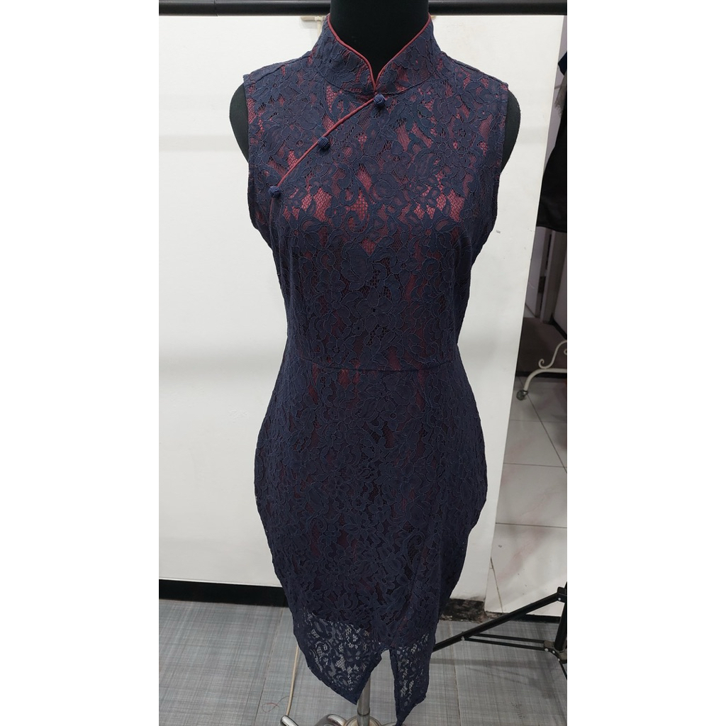 Dress cheongsam brukat biru dongker merah maroon