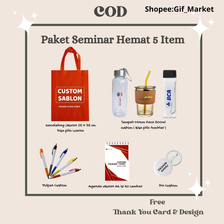 

Paket Seminar | COD | Free Ongkir | Souvenir | Goodiebag | Pulpen | Notes | Notebook | Murah | Custom | tempat minum | Pin |