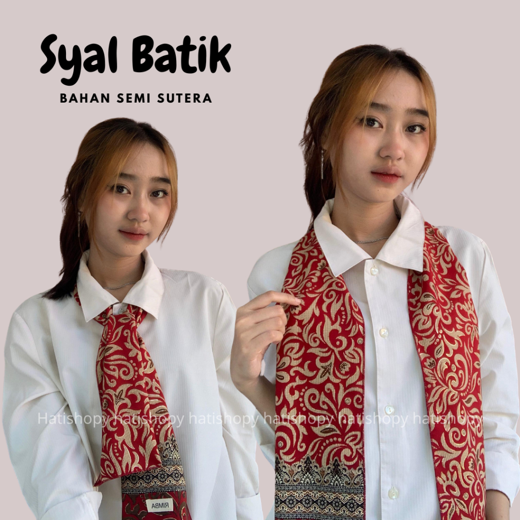 GRIMBA - Syal Batik Wanita Priya / Selendang Dasi Batik warna Merah Indonesia bahan semi sutera