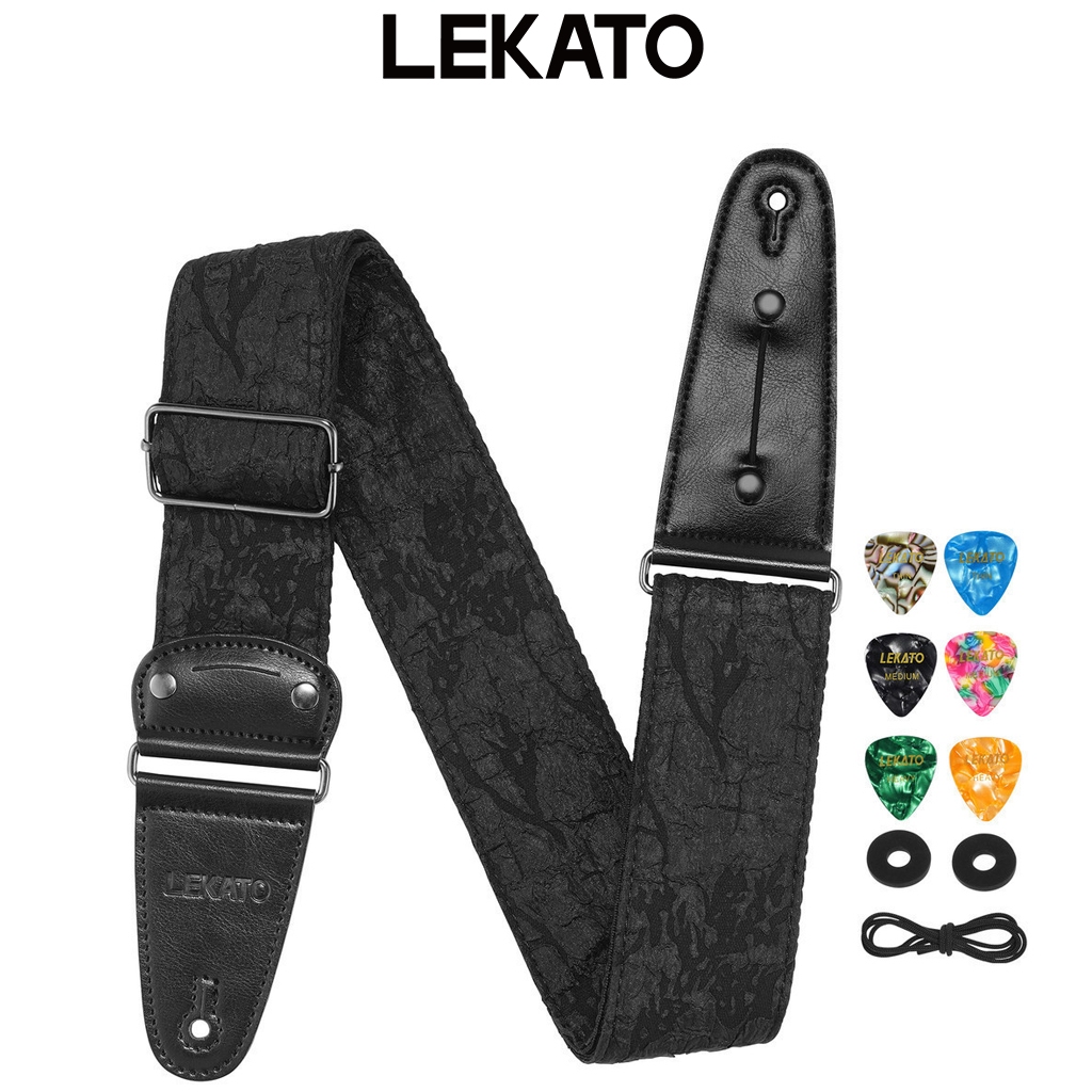 LEKATO Strap Gitar Listrik Tali Gitar 6.4cm - Motif Bunga Emboss, Busa Tebal,Kunci Pengaman + 6 Pick
