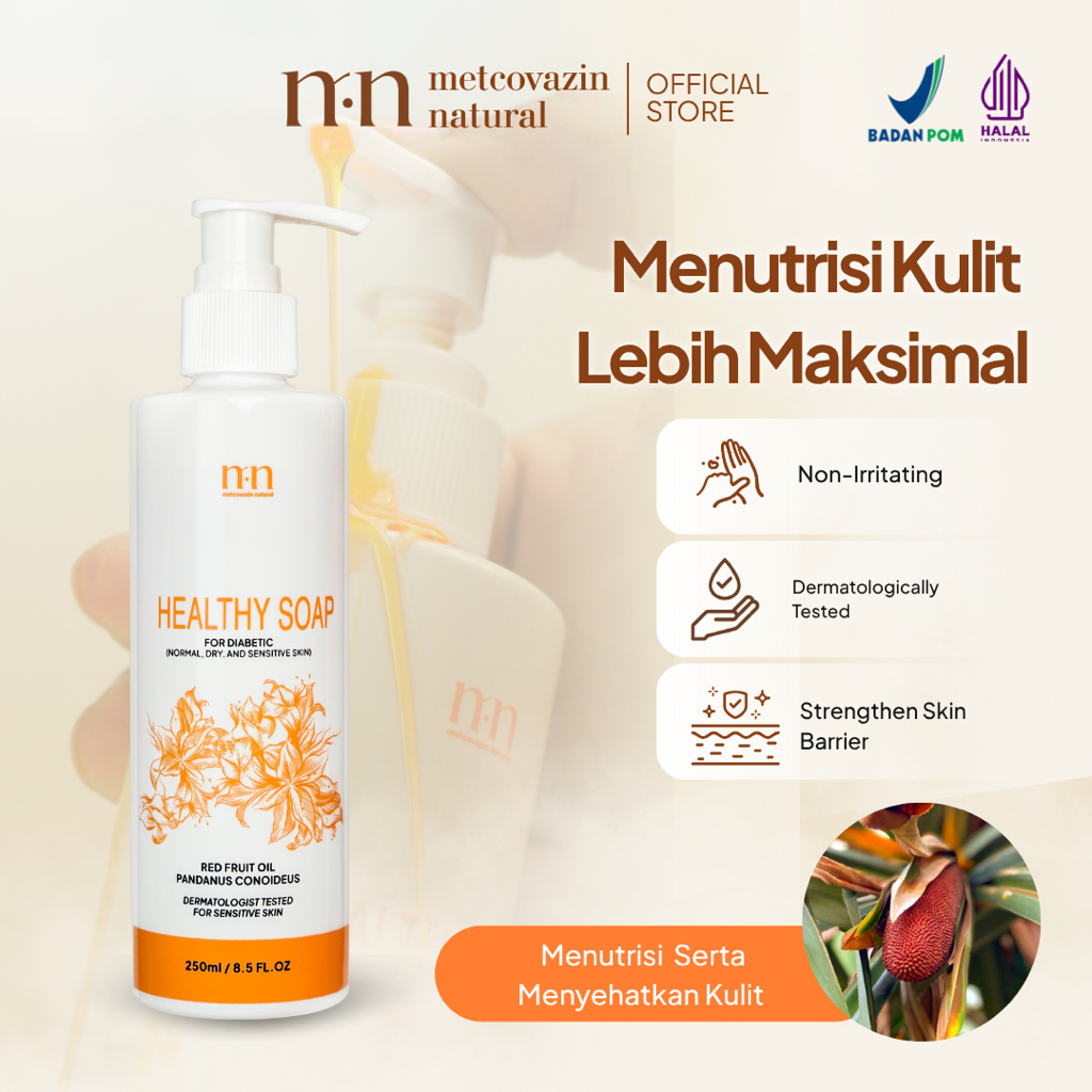 Metcovazin Natural Body Wash 250 ml - Sabun Mandi Buah Merah Papua Perawatan Kulit Diabetes, Kering 