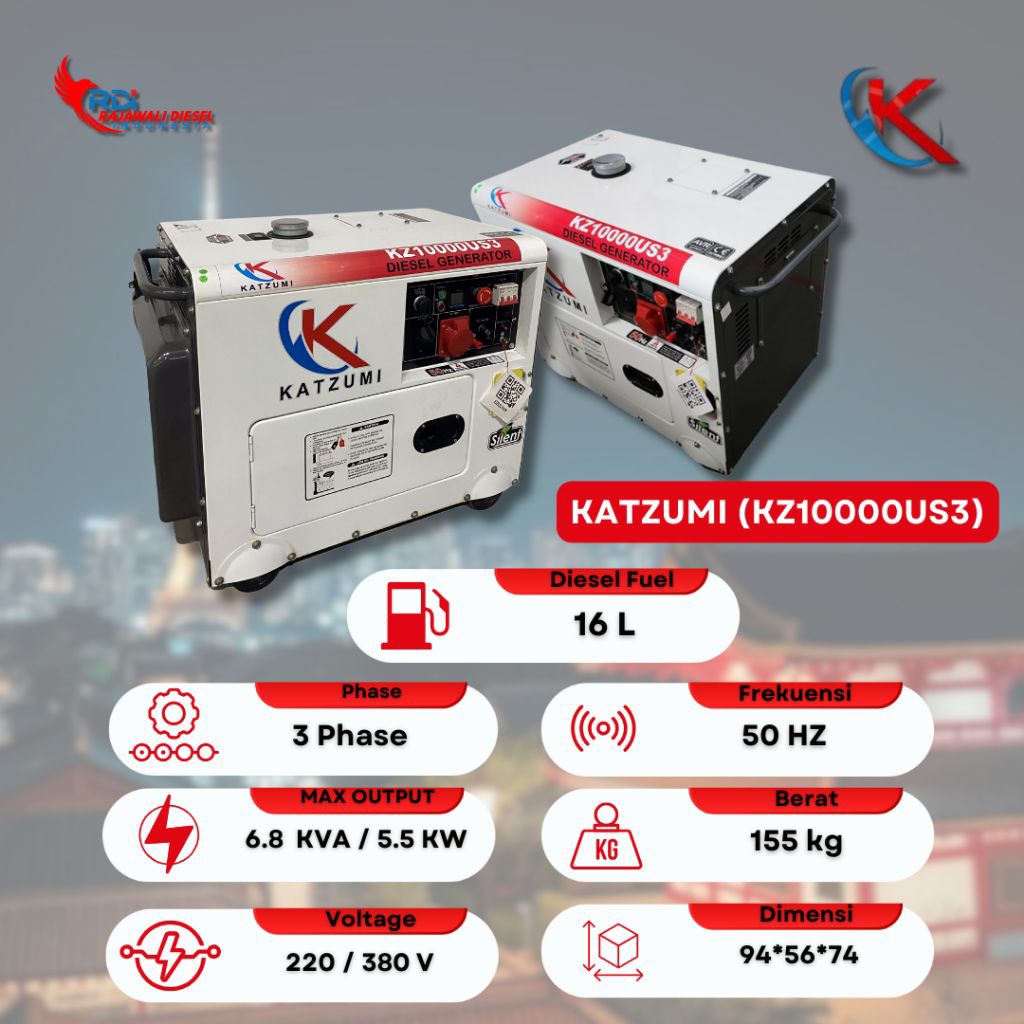 GENSET 7 KVA KATZUMI PORTABLE KZ10000US3 3 PHASE ULTRA SILENT