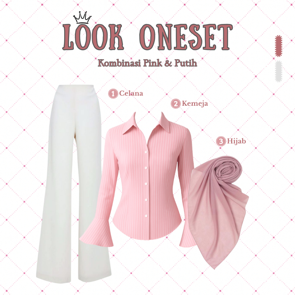 OOTD Feminim Wanita – Setelan 3in1 Kemeja Slim Salur Peach, Celana Scuba Cutbray Putih & Hijab Bella